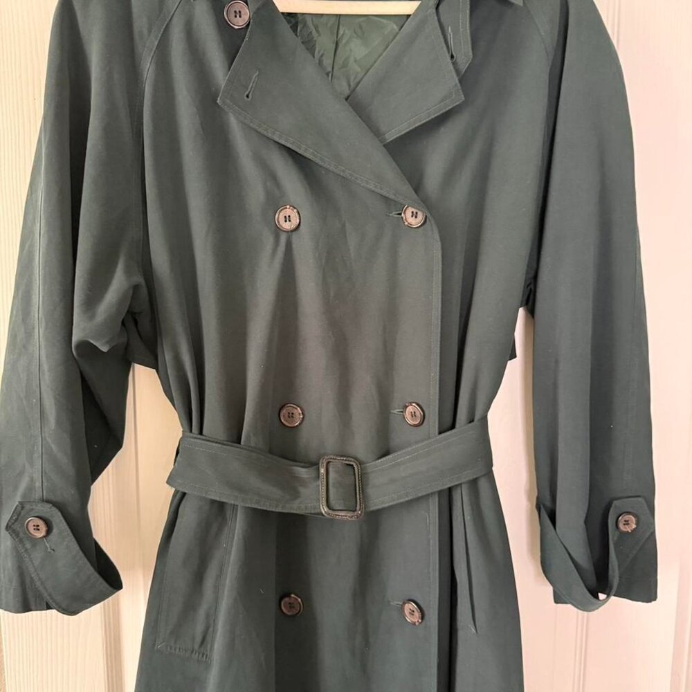 Neiman Marcus Trench Coat Womens 8 Green Excellent Belted Double Breasted Long - Picture 7 of 8